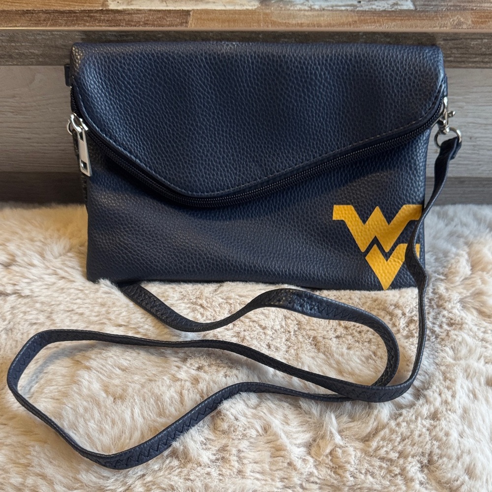 Navy Blue Leather Wristlet with Yellow Accent